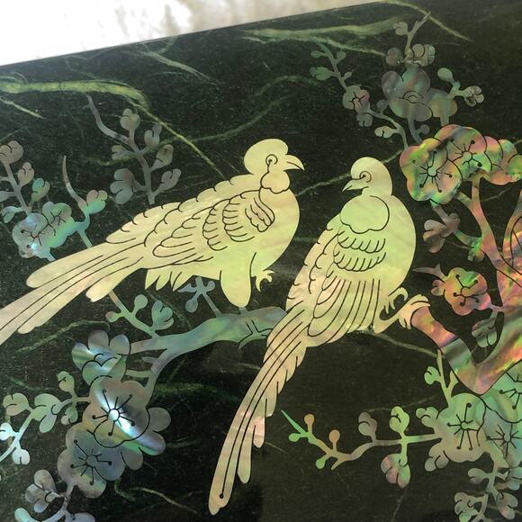 VTG Mother of Pearl Inlay Lacquer Jewelry Music Box Green Birds Mirror 6"x3.5" - Picture 2 of 13